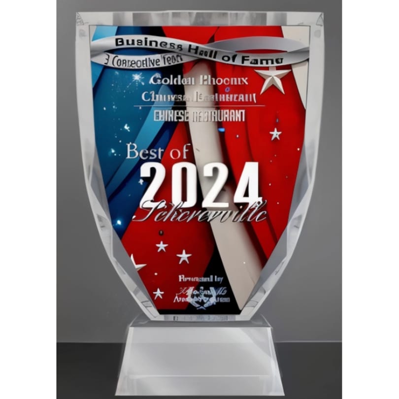 A clear acrylic award for "Best of 2024 Schererville" for Golden Phoenix Chinese Restaurant.