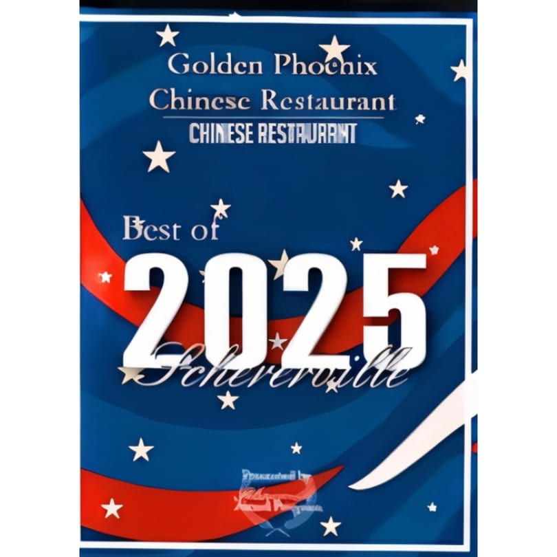 A blue and red award certificate for "Best of 2025 Schererville" for Golden Phoenix Chinese Restaurant.